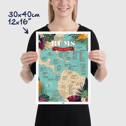 Rum Poster: Map of the 100 Best Rums in the World, dimensions 30x40 cm - 12x16"
