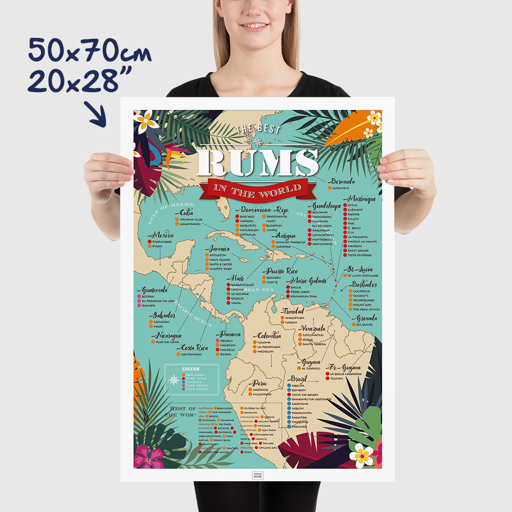 Rum Poster: Map of the 100 Best Rums in the World, dimensions 50x70 cm - 20x28"
