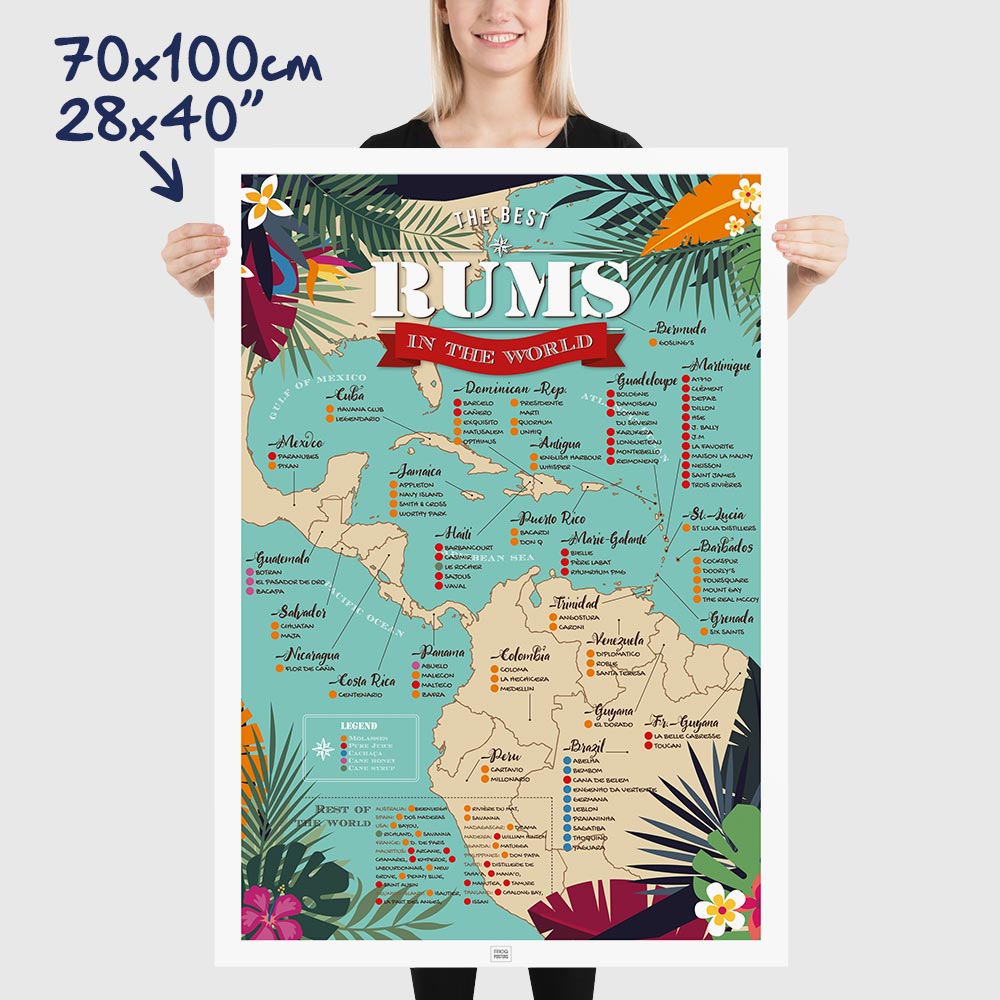 Rum Poster: Map of the 100 Best Rums in the World, dimensions 70x100 cm - 28x40"
