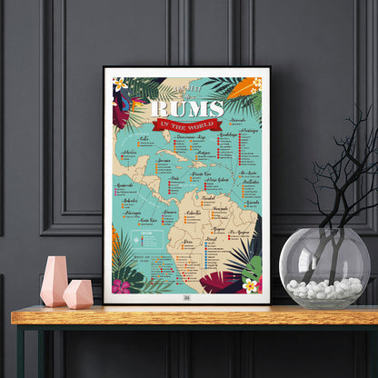 Rum Poster: Map of the 100 Best Rums in the World, on a dark background
