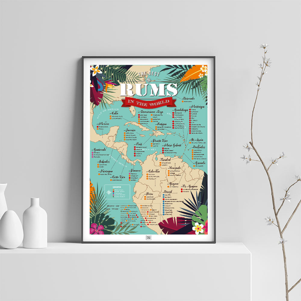 Rum Poster: Map of the 100 Best Rums in the World, on a light background

