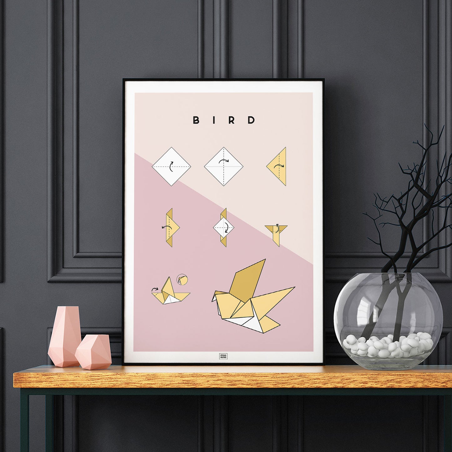 Origami bird Poster, on a dark background
