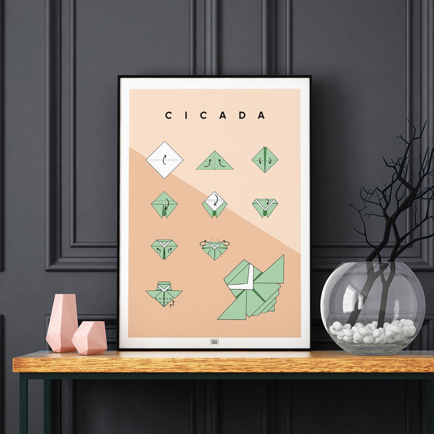 Origami cicada Poster, on a dark background
