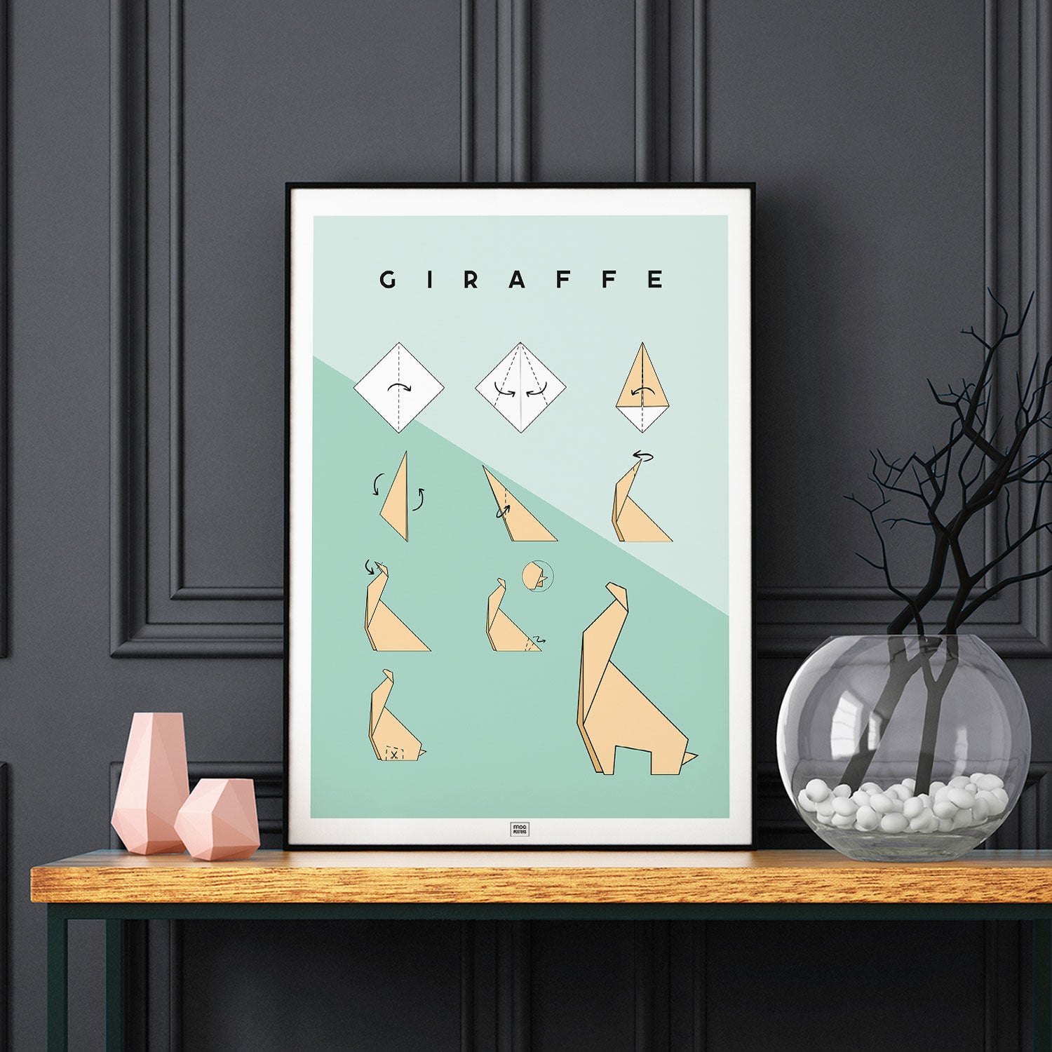 Origami giraffe Poster, on a dark background
