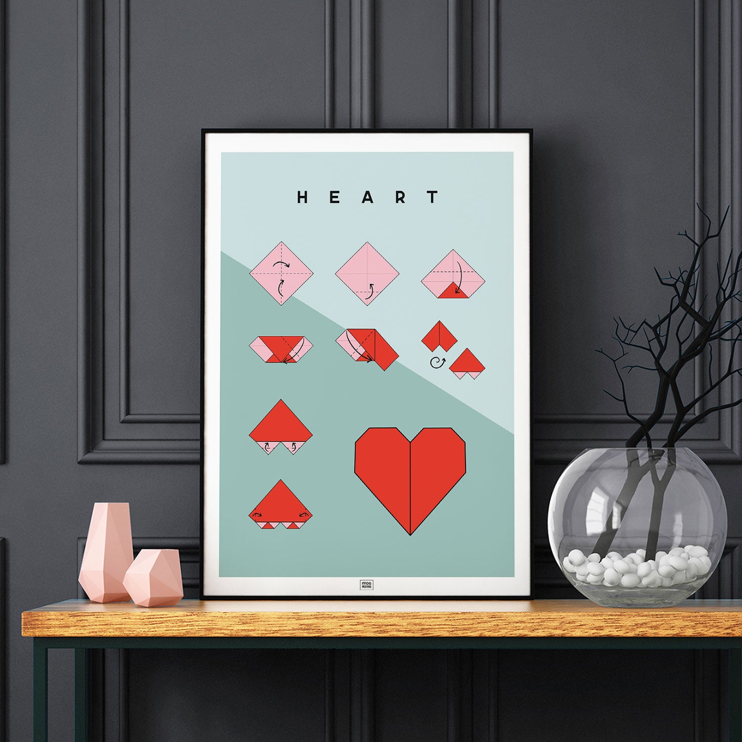 Origami heart Poster, on a dark background

