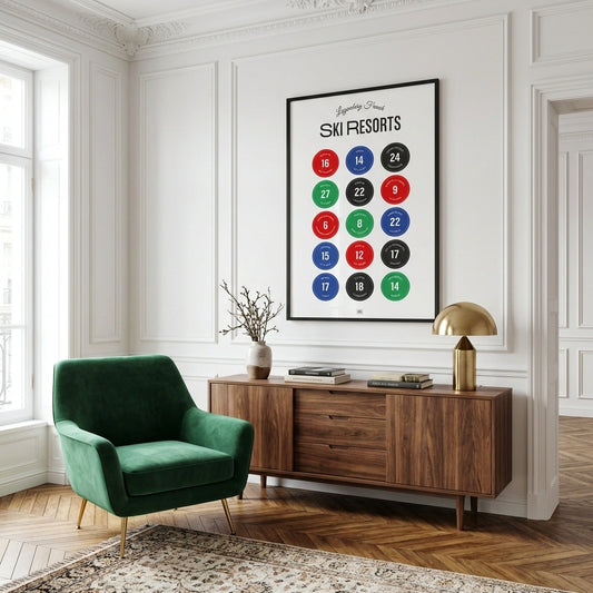 Mythical French Ski Resorts Poster, on a light background
