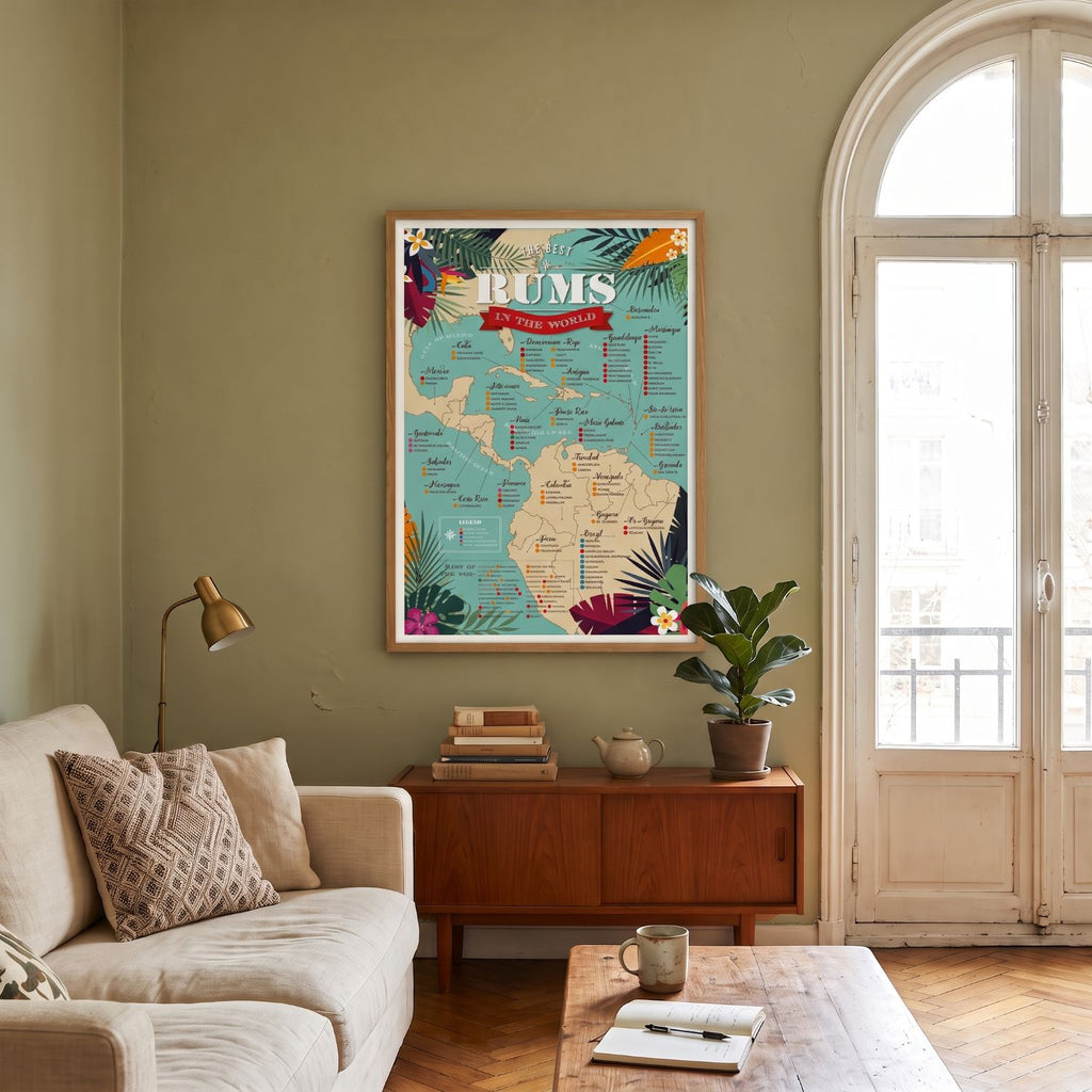 Map of the 100 Best Rums in the World poster – illustrated rum guide with Caribbean origins, framed print by Frog Posters