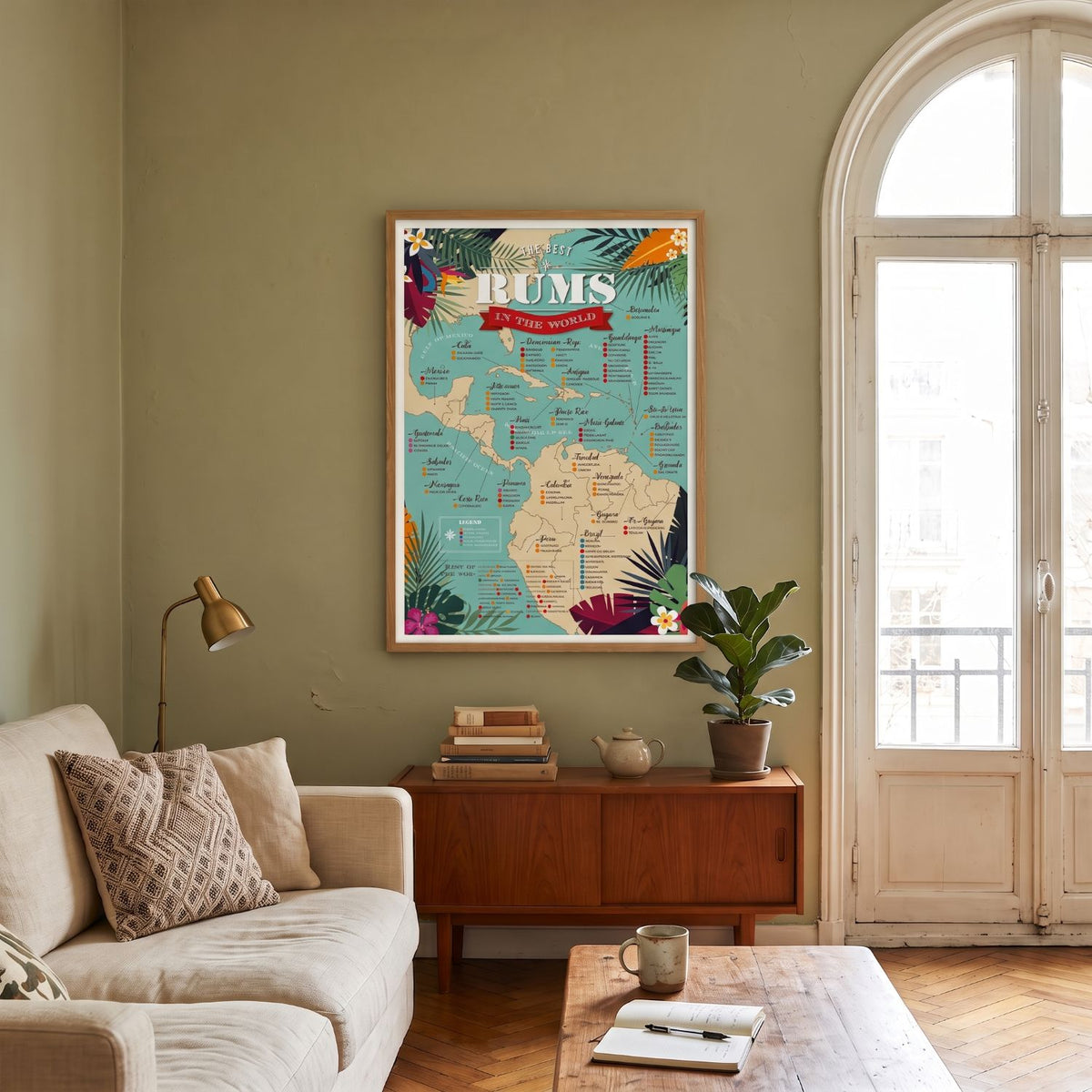 Map of the 100 Best Rums in the World poster – illustrated rum guide with Caribbean origins, framed print by Frog Posters
