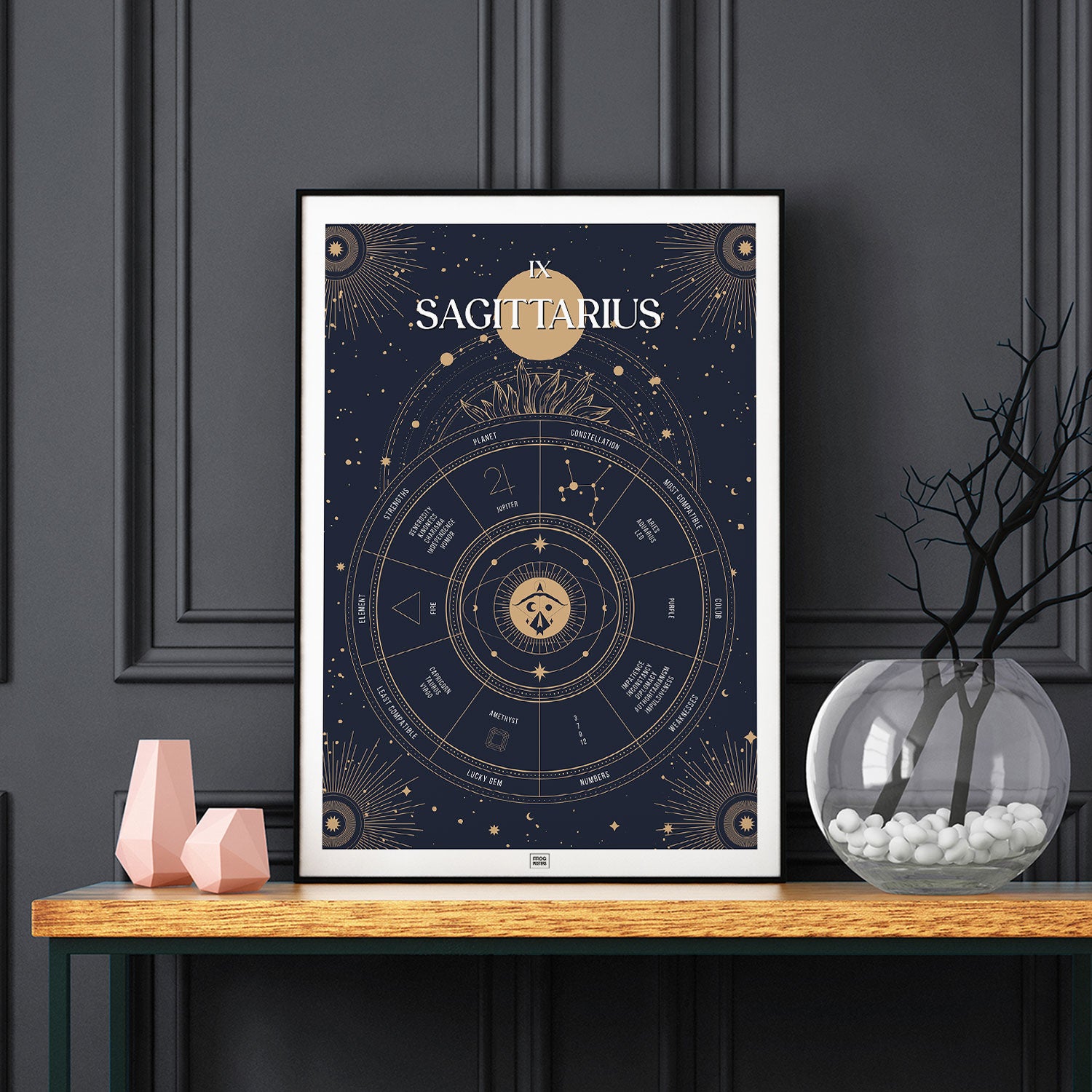 sagittarius Zodiac Sign Poster, on a dark background
