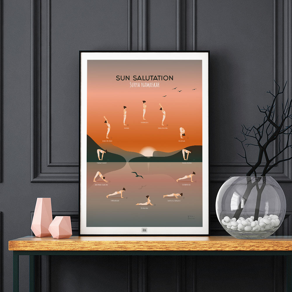 Yoga Poster: Sun Salutation Guide, on a dark background

