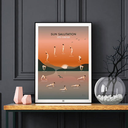 Yoga Poster: Sun Salutation Guide, on a dark background
