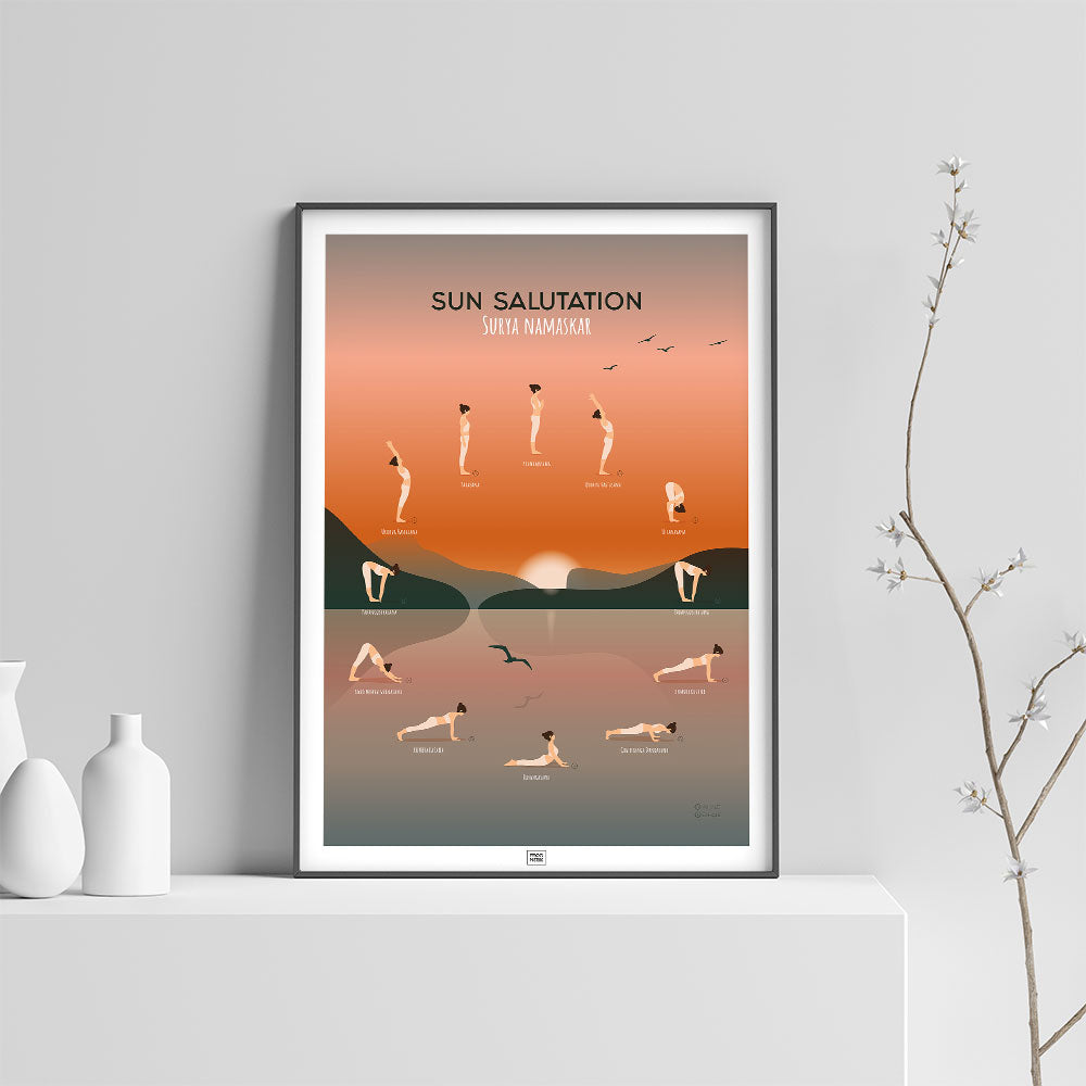 Yoga Poster: Sun Salutation Guide, on a light background
